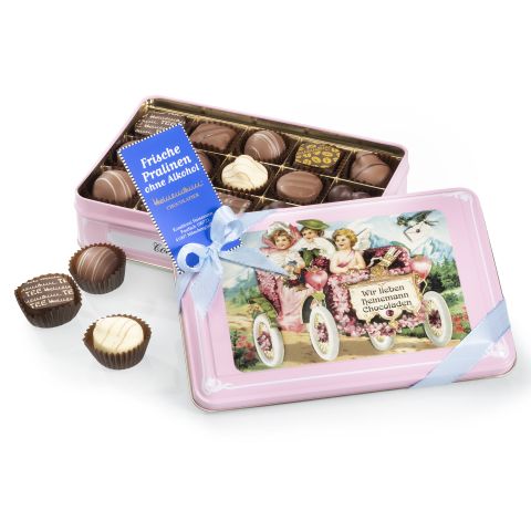 Heinemann chocolates without alcohol in a pink tin box