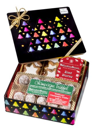 Die Schmuckdose Tannenbaum-Motiv Trüffel mit Champagne und Zimtsternen