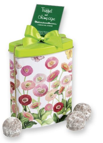 Truffles with Champagne in small tin box, floral design 150g