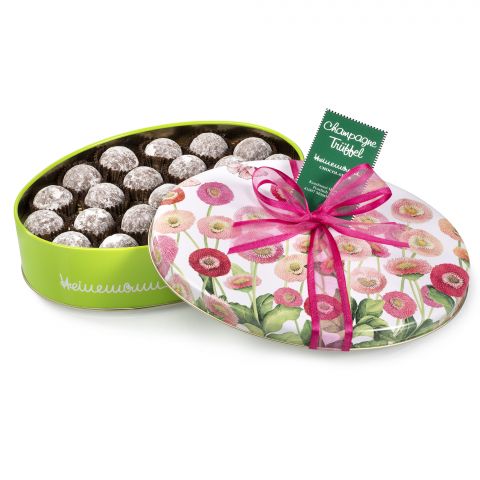 Truffles with Champagne in tin box, floral design