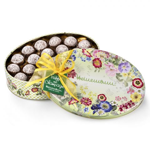 Truffles with Champagne in tin box, floral design