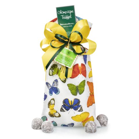 Trüffel mit Champagne im Stoffsäckchen mit Schmetterlings-Motiv 115g