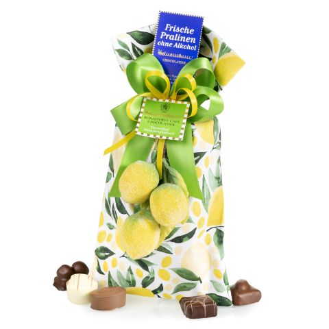 Alcohol-free chocolates in a fabric bag with lemon motif