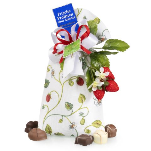 Alcohol-free chocolates in a fabric bag with a strawberry motif
